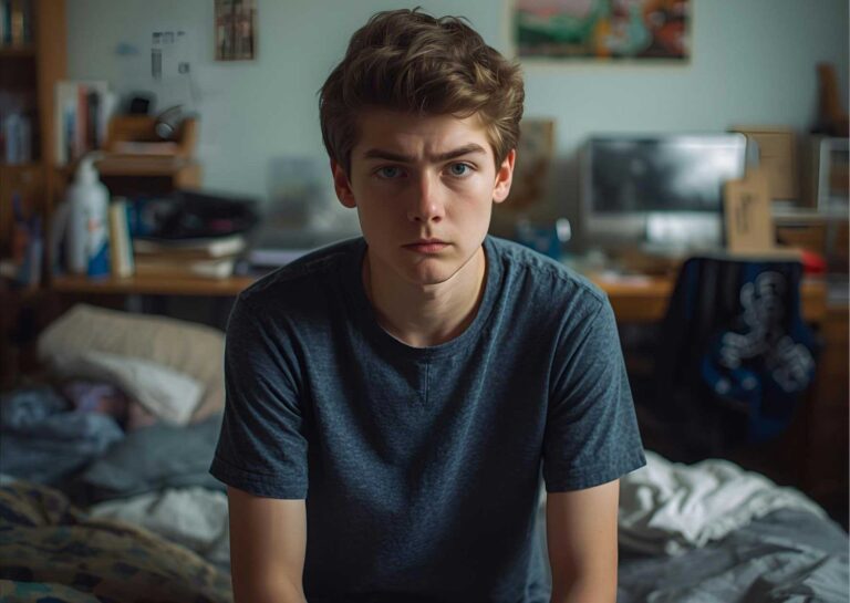 vážný teenager sedící na posteli